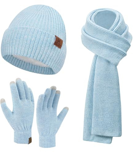 ZASFOU Donna Cappello Invernale Sciarpa lunga Guanti Touch Screen Set Caldo Pile Foderati in maglia Berretto Cappelli Sciarpe lunghe Guanto Regalo per Donna compleanno Natale