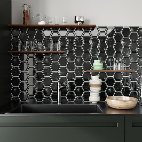 CRE8TIVE Baldosas Adhesivas Pared Negro Efecto Marmol Azulejos Adhesivos Cocina Hexágono Vinilo Adhesivo Pared Impermeable Azulejos Adhesivos Baño Lavadero Chimenea Escaleras 4 Pcs 30.5cm x 30.5cm