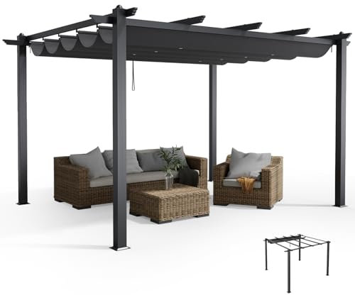 The Fellie 3M x 4M Aluminium Pergola with Retractable Roof, Outdoor Garden Gazebos Waterproof, Metal Pergola for Garden, Party, Patio, Dark Grey