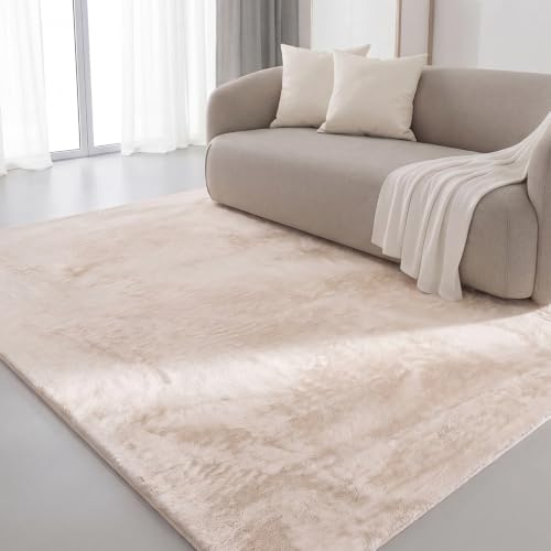 Interiyou Fargo - Teppich Wohnzimmer 80x150 cm Beige - Kurzflor Waschbar und rutschfest - Flauschiger Fellteppich aus Kunstfell - weicher Langflor Fell