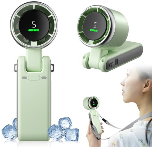 Suewidfay Handventilator Wiederaufladbar, 5 hohe Geschwindigkeiten Einstellbar 4000mah Tragbarer Mini Elektroventilator Batteriebetriebener Turbo Ventilator Nackenventilator (Grün)