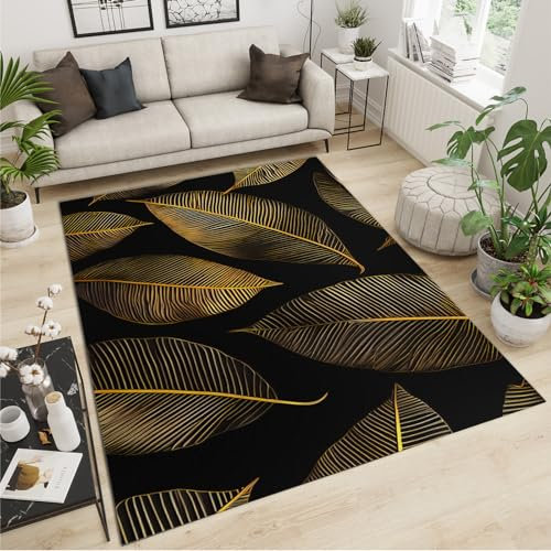 SANSJI Goldene Blätter Linien Teppiche Gegend, Business-Schwarze Kunst Kurzflor Kinderteppich - für Terrasse Garten, Küche, Bad Oder 100 x 200 cm