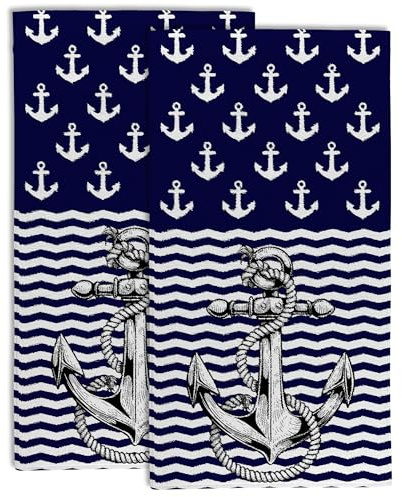 Set di 2 asciugamani da bagno con ancora nautica blu navy, asciugamano da bagno astratto con ancora, asciugamano morbido assorbente decorativo per gli ospiti, asciugamano da cucina, per hotel,