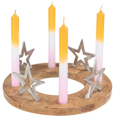Corona dell'Avvento, candele, diametro 30 cm, in legno di mango, argento, naturale, portacandele a stelle, decorazione natalizia