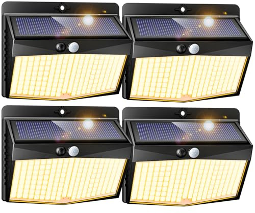Peasur Solar Lights Outdoor Garden, Upgraded Wireless 168LED Solar Security Lights Motion Sensor, IP65 Waterproof Solar Powered Wall Lights with 3 Modes for Yard, Door, Fence, Garage (4 Pack)