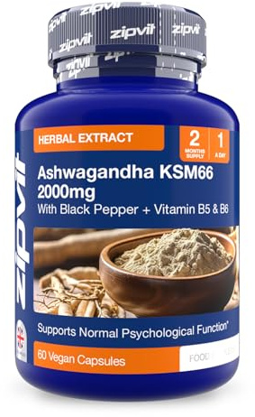 Zipvit Ashwagandha KSM 66 2000 mg with Vitamin B6, B5 & Black Pepper, High Strength Ashwagandha Root Extract, 60 Vegan Capsules, 2 Months Supply