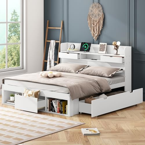 MQLAE Double Bed with USB & Storage Cabinet, 4ft6 Double Storage Bed with Drawers, Multifunctional Wooden for Youth,Kids, Adluts, Solid Slatted/135x190cm（White）