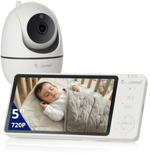 Jané Eye Pro Baby Monitor, Baby Monitor con Telecamera Rotante, Inclinazione Motorizzata, Display da 5”, Audio Bidirezionale, Visione Notturna, con Musica, Basso Consumo