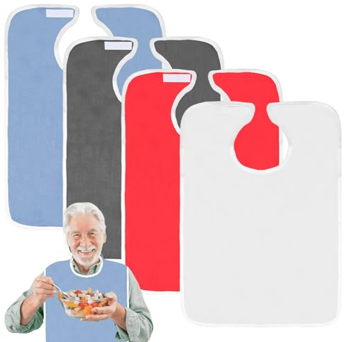 GOMETY Lot de 4 bavoirs 75 x 45 cm pour adultes, en tissu éponge, réutilisables, imperméables, lavables, anti-miettes, unisexe, protection des vêtements pour maman et père, Bleu/rouge/blanc/gris, 45