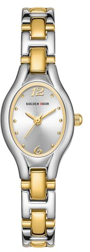 GOLDEN HOUR Armbanduhr Damen Kleine Ovale Klassische Analoges Quarzwerk Uhr Gold Damen Vintage Wasserdicht Modisch Lässig Damenuhr mit Edelstahlarmband für Frauen Mädchen