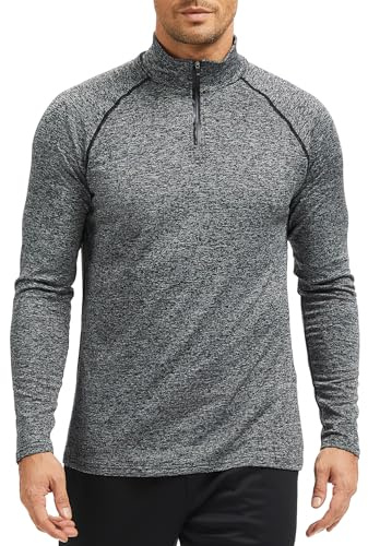 AMZSPORT Camiseta Térmica de Manga Larga para Hombre con Media Cremallera y Cuello Alto, Sudadera Cálida para Correr, Hacer Senderismo, Gym, Casual, Micropolar Gris Negro, XL