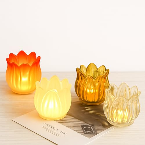 Fzyisw Juego de 4 portavelas de té, de cristal, tulipanes, portavelas, portavelas de cristal de color, portavelas transparentes para velas, bodas, mesa, cumpleaños, decoración del hogar