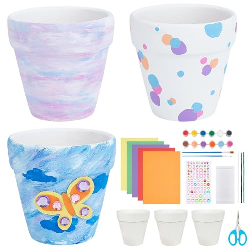 WEBEEDY 3 Sets Ceramic Flower Pot Paint Kit Paint Your Own Butterfly Theme Flower Pot with Cardstock,Twist Stick,Paints, Brushes and Instruction for Adults Beginner DIY Craft Kit for Home Decor
