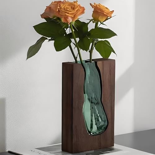Auciej Blumenvase modern Glasvase Handgefertigte Vase Glas rechteckig Schmale Vasen mit Holzsockel für Home Office Dekor, Geschenk für Hochzeit Einweihungsparty feiern Höhe 24 cm
