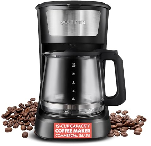 Gourmia 12 Cup One-Touch Coffee Maker – Pause and Serve with Automatic Keep Warm, Easy View Water Window, Compact Design, Stainless Steel Accents, Black