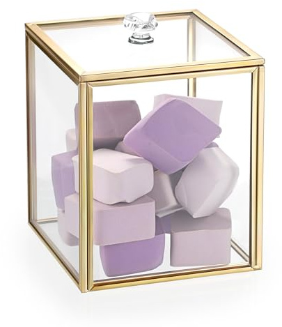 OGANAZI Glas Wattepad Spender Gold Wattestäbchenbehälter Wattepads Behälter Box Schmuckschatulle mit Glasdeckel Organizer für Make Up Schwamm, Tupfer, Tampon, Schmuck, Haarbänder (10,1x10,1x12 cm)