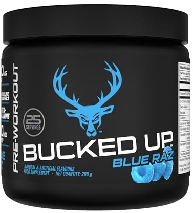 Bucked Up Pre-Training Powder | Performance Supplement with Beta-Alanine, Citrulline Malate & Caffeine | Sugar Free | Blue Raz Flavour| 25 Servings