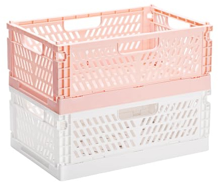 PIANKEKE 2 Pcs Collapsible Storage Box, Plastic Stackable Folding Storage CratesStorage Baskets, Folding Crate with Handles for Office Kitchen Bathroom Desktop(12x7.87x4.5, White/Pink)