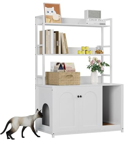 Mueble Litiere gato con orificio de entrada lateral y abierto compartimento de almacenamiento, armario de arena con encimera y 2 estantes. Casa para gatos para sala de estar, dormitorio, baño (132 x