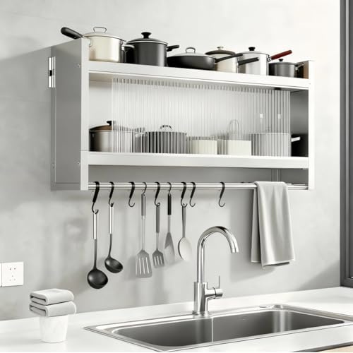 Armario Pared Colgante Cocina con Puertas Correderas Acero Inoxidable Sin Necesidad de Taladrar Armario de Pared Baño Gran Capacidad de Almacenamiento para Cocinas, Salones, Baños(60 * 25 * 46cm)