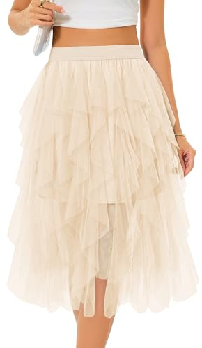 Lovasy Jupe en Tulle Femme Mi Longue Robe Tutu Irrégulier Superposée A-Line Élastique Taille Jupe Tutu 3 Couches pour Carnaval Halloween Daily Prom Party Thé