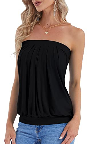 DJT Haut Bustier Plisse Top Debardeur Sans Bretelles Femmes Noir L