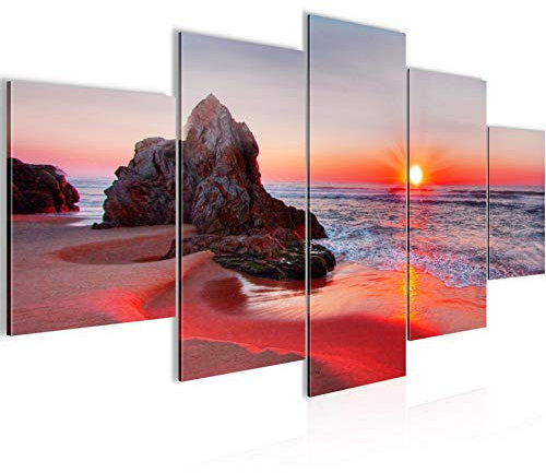 Runa Art - Quadri Tramonto Spiaggia 200 x 100 cm 5 Pezzi XXL Decorazione Murale Design Rosso 609551b