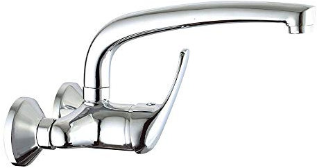 Grifo monomando de cocina fregadero BAT de pared con caño largo giratorio Fabricado en latón con acabados en cromo brillo. Distancia entre las tomas de 15 cm. Repuestos garantizados