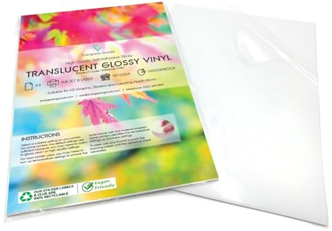 Evergreen Goods 10 ark A4 vattentät genomskinlig glansig vinyl | bläckstråleskrivare och laser utskrivbar | halvtransparent självhäftande PVC-klistermärke med låg opacitet | lämplig för cricut och