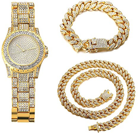 HALUKAKAH Orologio d'oro Diamantes Iced out,Uomo Placcato Oro Reale 18k Cinturino al Quarzo 22cm,con Set di Bracciali a Catena Cubana da 20cm,Cz Completa Lab Diamantes,Gratuito Pacco Regalo