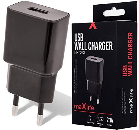 Maxlife Chargeur USB A MXTC-01 2.1A Noir - Chargeur Rapide Compact et Fiable avec Port USB A - Adaptateur USB pour Smartphones - Chargeur Secteur USB Robuste -Idéal Chargeurs pour Téléphones Portables