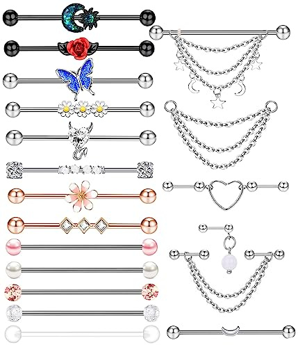 Suotarn 14G Industrial Piercing Jewelry For Women Men Stainless Steel 38 Industrial Barbell Long Cartilage Helix Conch Earrings Stud 14G Gauges Industrial Jewelry Butterfly Heart Cool 17pcs (Set #1)