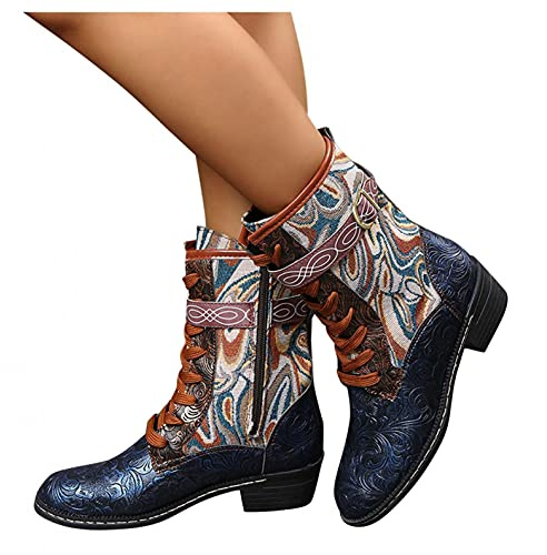 Hbeylia Vintage Combat Boots For Women Ethnic Retro Goth Leather Lace Up Metal Buckle Leather Chunky Block Low Heels Ankle Booties Gothic Punk Mid Calf Riding Short Boots Halloween Decoration