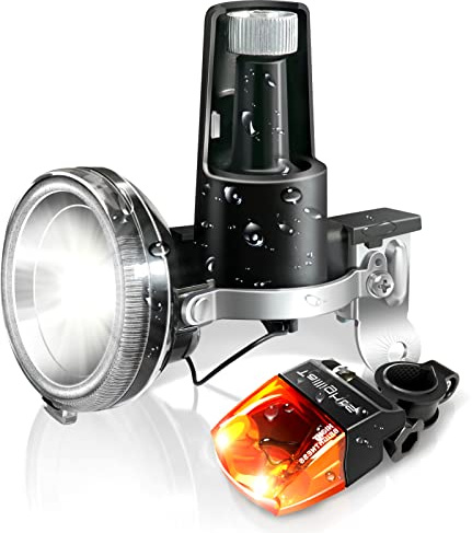 Bike Lights Front and Back, Fully Dynamo Bike Light Set, Motorized Friction Generator, 200 Lumens, Waterproof, Easy to Install, Never Need Battery Bike Light