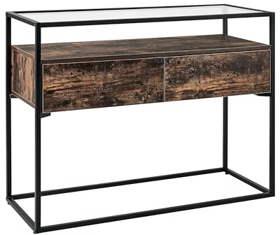 Beliani Tavolo consolle moderno piano in vetro struttura in metallo con 2 cassetti in legno scuro