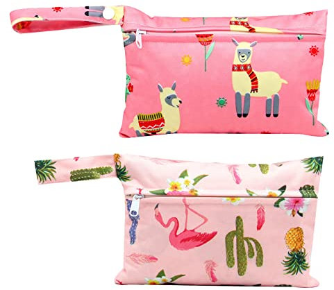 Windeltasche, 2 Stück kleine Windeltasche, Kindertasche für Reisen, Neugeborene, Dry Bag, waschbar, wiederverwendbar, wasserdichter Reißverschluss, Organizer (Rosa Alpaka-Modell + Strauß-Modell)