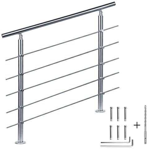 CAVATINY Garde-corps avec main courante en acier inoxydable pour parapet d'escaliers, balcon avec 5 traverses - Main courante intérieure et extérieure, garde-corps en acier inoxydable, balustrade,