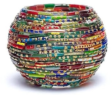 Portacandele portalumino in vetro colorato - porta lumini led candele votive Ø 5 (bocca) h. 7,5 cm. - lumino profumato in omaggio - mosaico a foglie (strisce colorate)