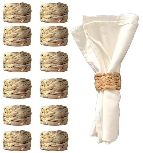 Laquedecraft Set 12 Woven Water Hyacinth Napkin Rings | Rustic Boho Wicker Napkin Holders | Natural Farmhouse Rattan Napkin Ring for Christmas, Thanksgiving Dining Table, Wedding Party