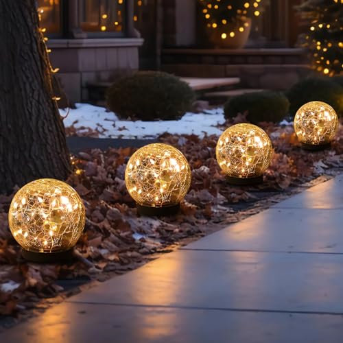 MLKNK Sfere solari per esterni, impermeabili, luci solari da giardino, confezione da 4 palline di vetro incrinato, per prato, patio, cortile, cortile