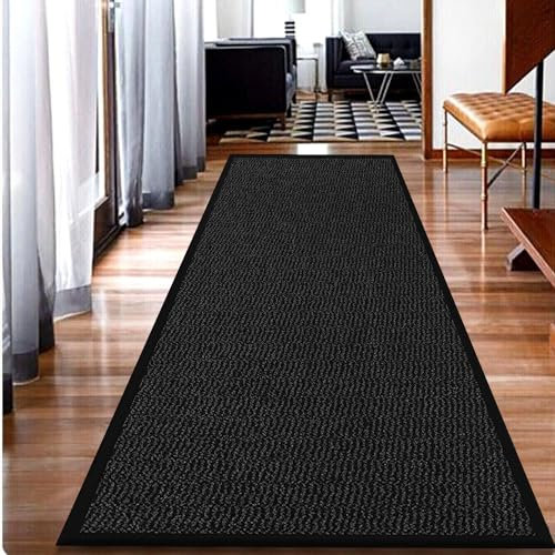 Dirt Trapper Door Mat for Indoor - Heavy Duty Non Slip Rubber Backing Front Door Mat Runner Rug for Hallways Waterproof Kitchen Floor Mat Black - 60 x 180 cm