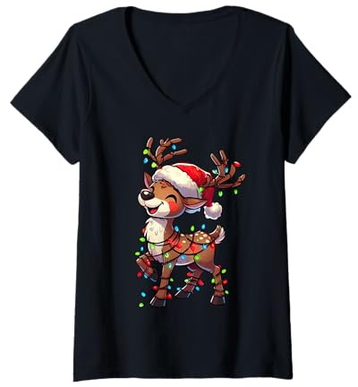 Femme Chapeau de Père Noël avec lumières de renne pour garçons et filles T-Shirt avec Col en V