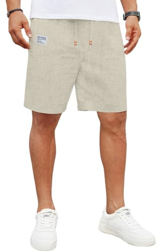 LVCBL Pantaloncini estivi da uomo, in lino, leggeri e ariosi, in tinta unita, vestibilità comoda, pantaloni corti per il tempo libero, M-3XL, cachi, M