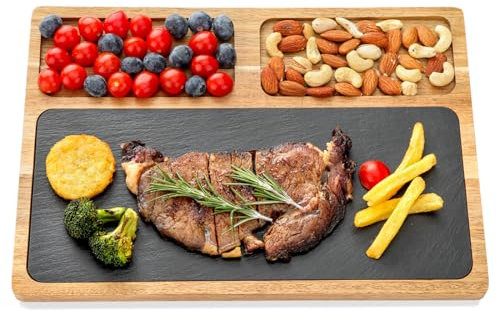 HALE OTEIR Set de plateaux de service, plateau de service en bois d'acacia avec plateau en ardoise, set de planches à fromage, assiettes à steak, assiettes à apéritif, assiettes à collation avec