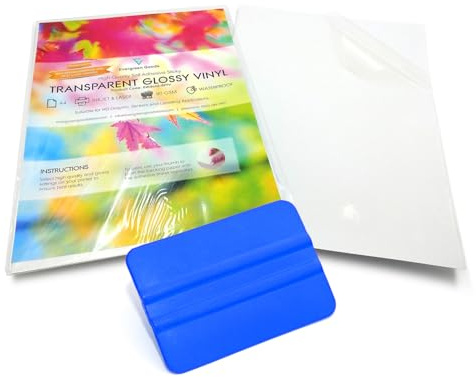 Evergreen Goods Ltd 10 ark A4 glansigt genomskinligt vattentätt självhäftande vinylklistermärkespapper med skrapa | bläckstråleskrivare och laserskrivare utskriftspapper | perfekt A4-papper för