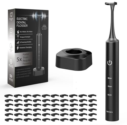 WingFly Set di filo interdentale elettrico con 50 testine di ricambio senza fili, 3 modalità, filo interdentale elettrico con base di ricarica wireless (nero)