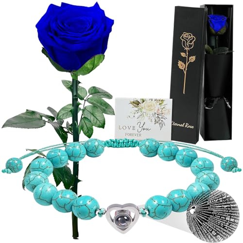 SWEETIME Preserved Blue Rose Gifts for Her,Single Eternal Real Rose with Stem,Forever Infinity Rosebox,Romantic Bouquet of Flowers for Mother's Day Valentine's Day Christmas Thanksgiving Mother Wife