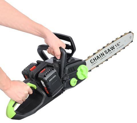 ejlaikmm Tronçonneuse sans fil de tronçonneuse 16 pouces balais à moteur, tronçonneuses électriques avec 2 x 4Ah batteries et chargeur, scie chaîne lubrification automatique pour l'abattage d'a