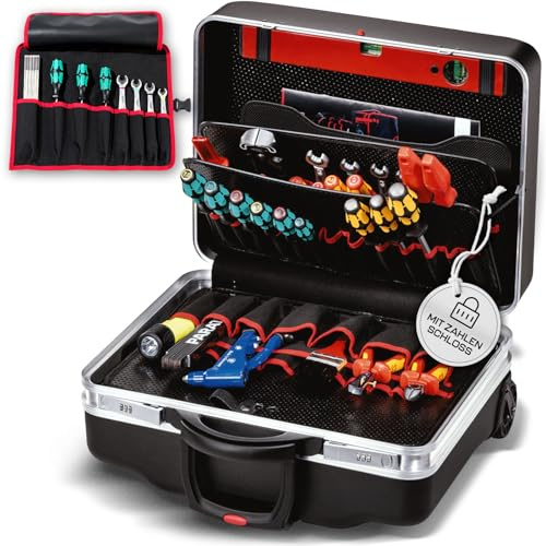 PARAT CLASSIC KingSize Roll neo Safe | Werkzeugkoffer leer mit Rollen | Für 50 Werkzeuge | Inkl. BASIC Roll-Up Case 8 | Werkzeugkoffer mit Zahlenschloss & Alurahmen | 36L Werkzeugbox mit Bodenschale