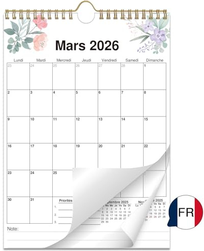 AEYAKA Calendrier Mural 2026, Planificateur Mensuel 14 Mois de Novembre 2025 à Décembre 2026, Format A4, Jours Fériés et Espace Notes, Design Fleurs, Français